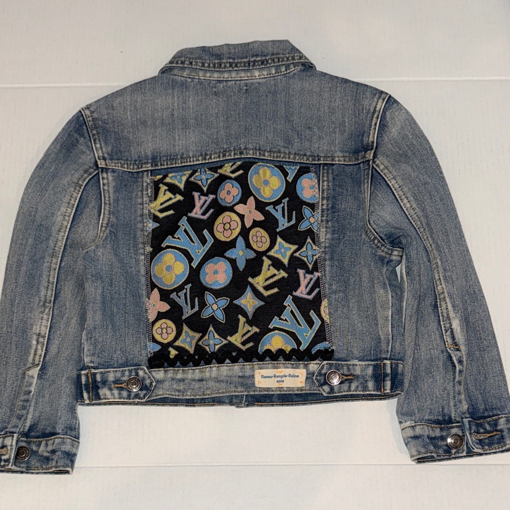 Upcycled Designer Inspired Style Crop Denim Jacket Sz XXS One Of A Kind OOAK